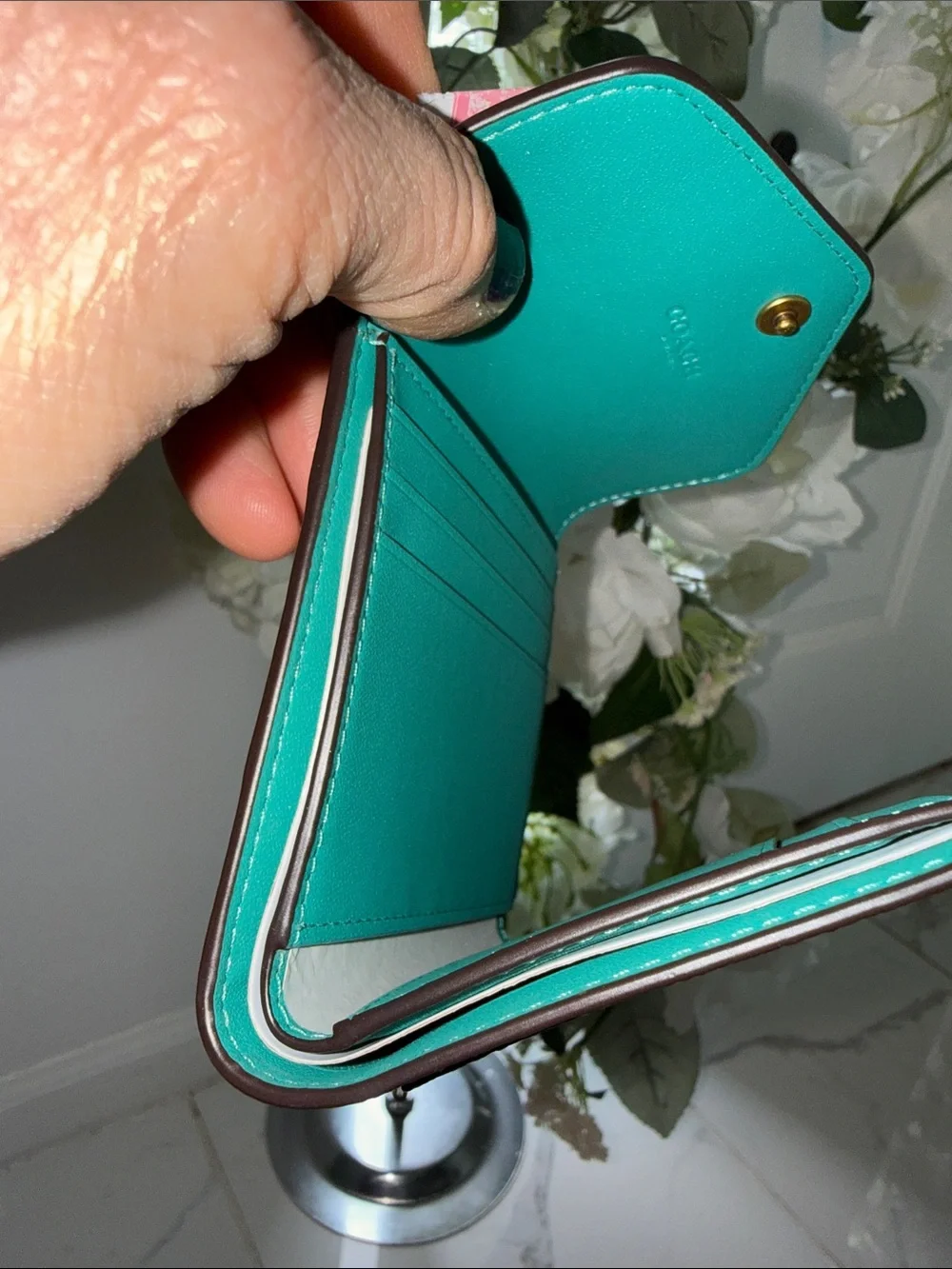 Coach Teal Saffiano Leather Envelope folded Wallet